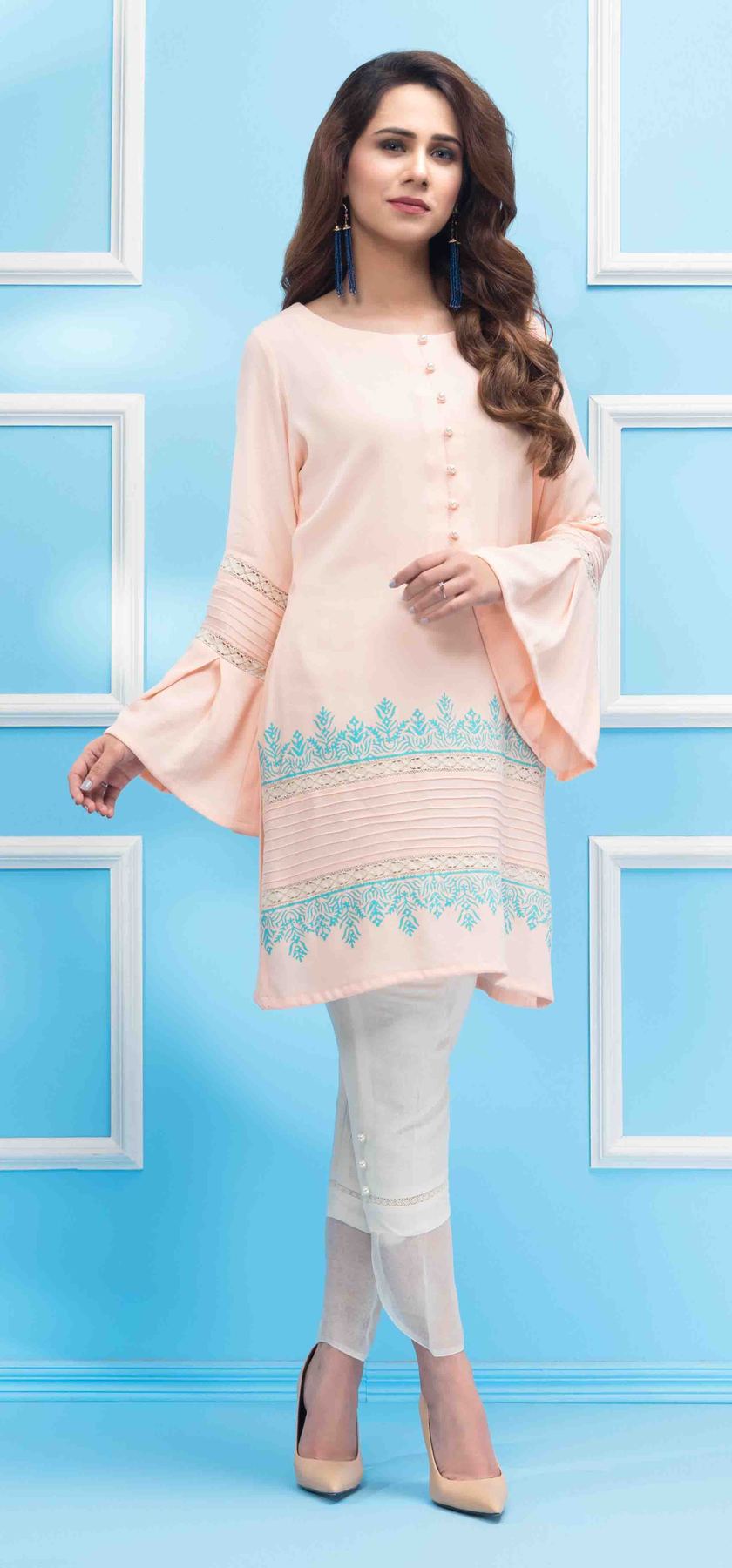 Pretty light peach pink embroidered Pakistani casual dress by Phatyma Khan