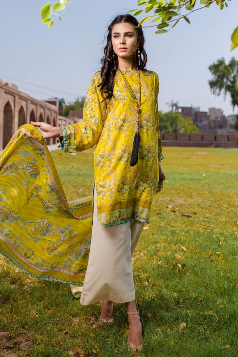 Pretty yellow printed Pakistani lawn suit by Warda Saleem
