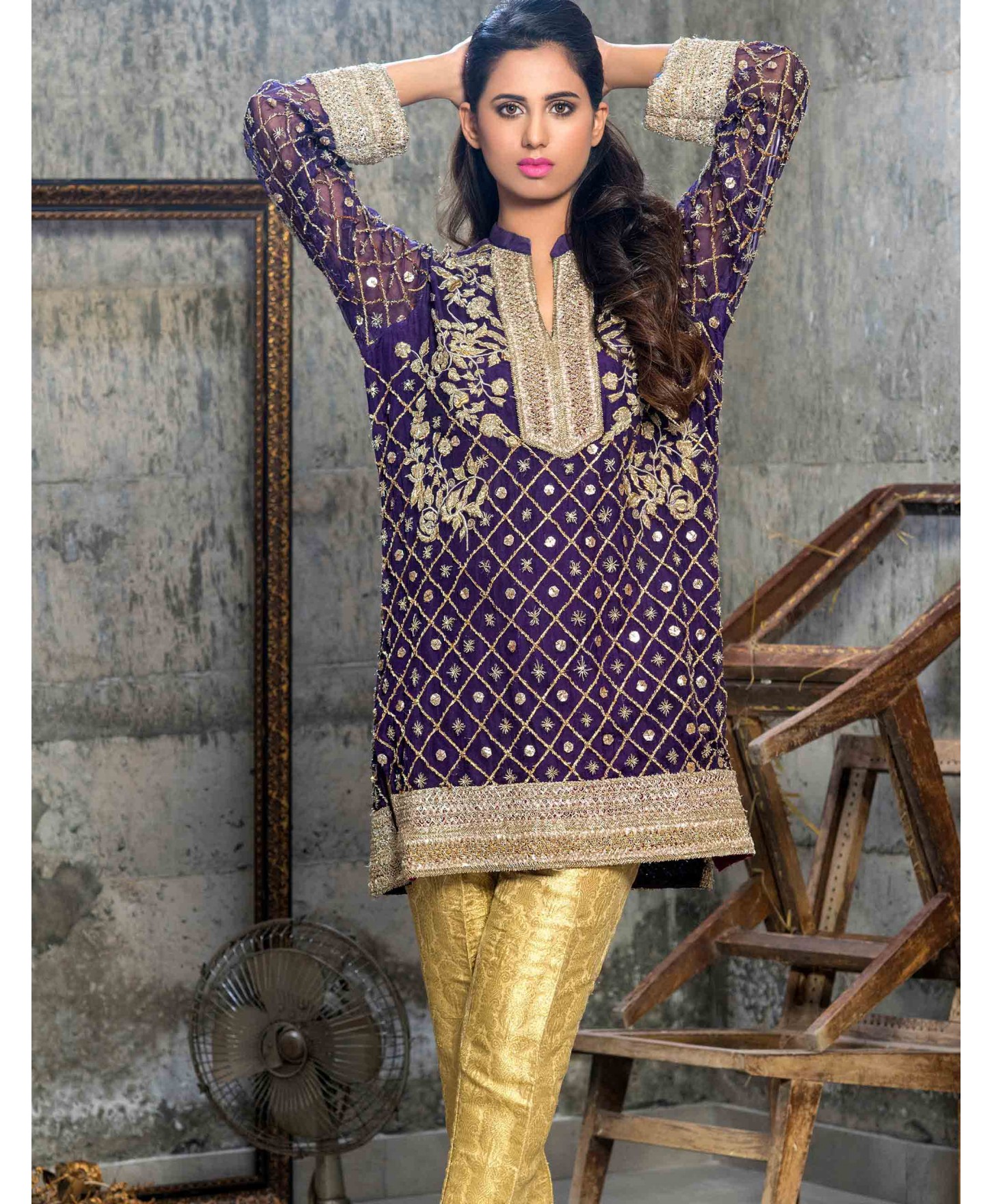 Purple fully worked gota kurti paired with gold jamawar trousers