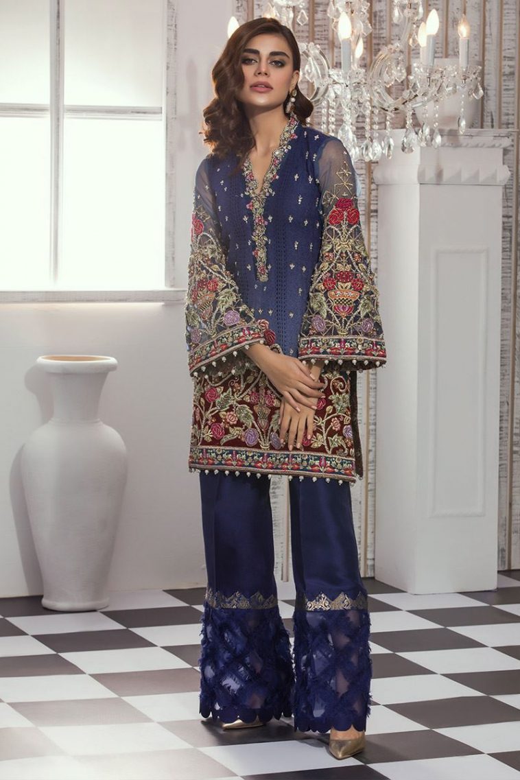 Ravishing blue chiffon Pakistani semi formal dress by Annus Abrar