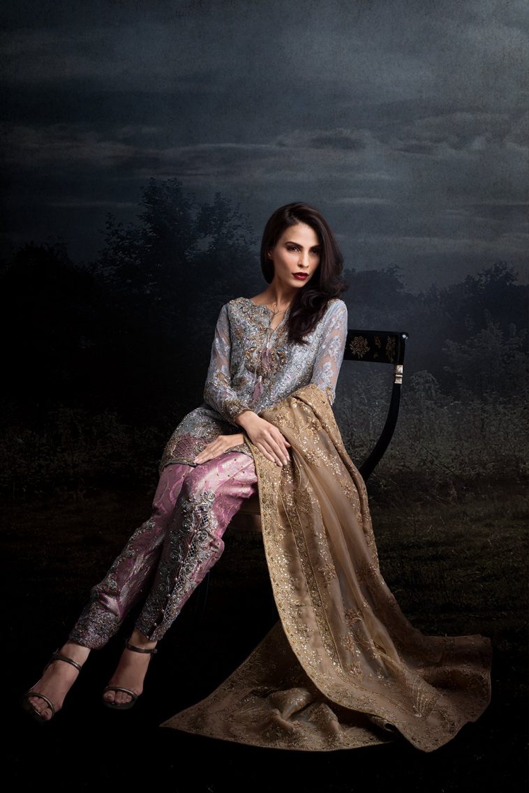 Ravishing grey and pink Silk Pakistani engagement dress by Ammara Khan