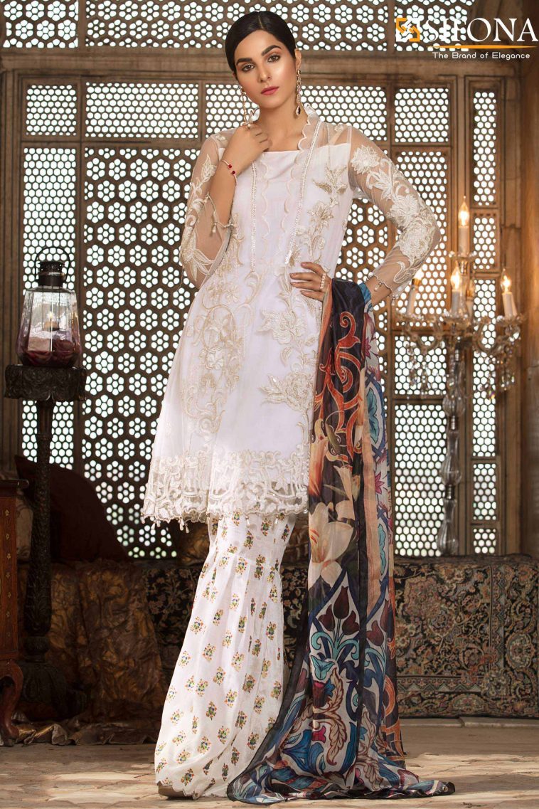 Ravishing white net Pakistani semi formal dress by Sifona