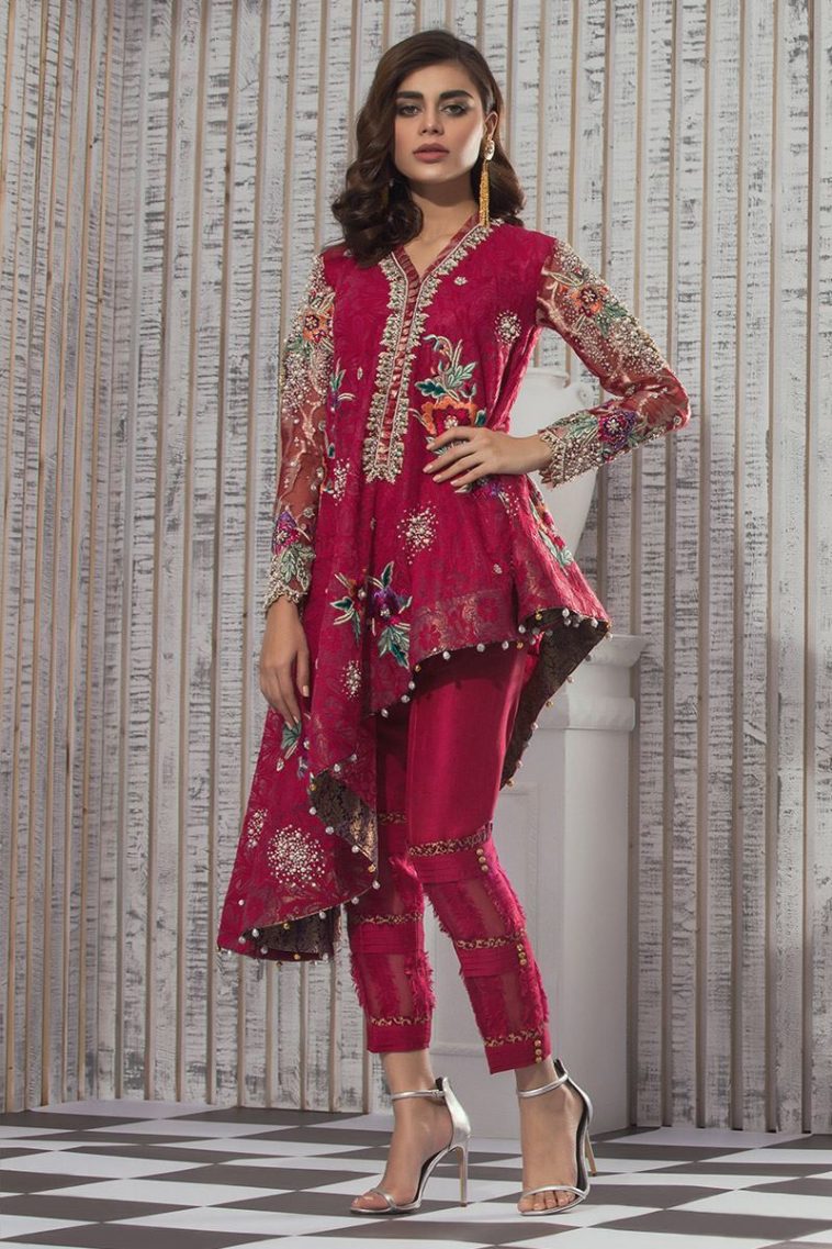 Red hot embellished Pakistani formal dress by Annus Abrar officials