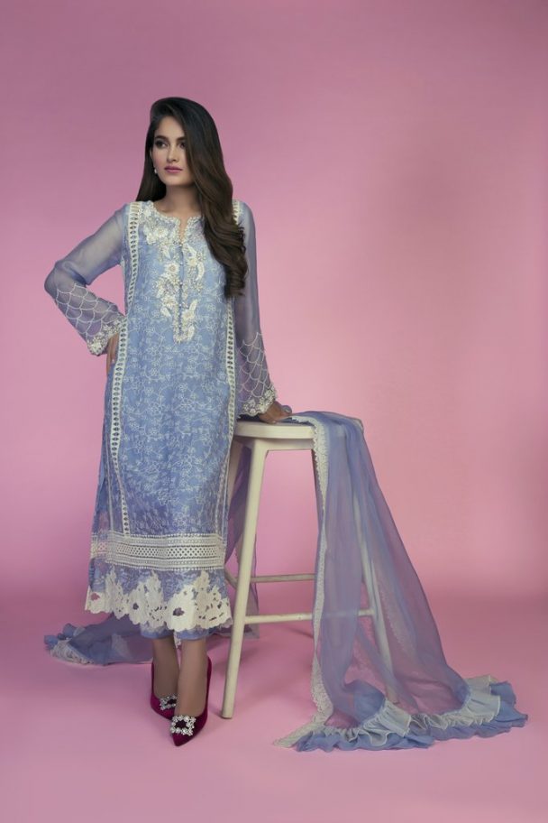 Ice Blue Chiffon Embroidered Pakistani Eid Dress By Mina Hasan Online Shopping In Pakistan 