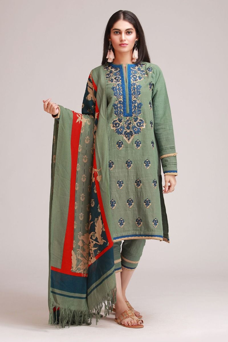 Khaadi's Embroidered Khaddar Shalwar Kameez with Shawl