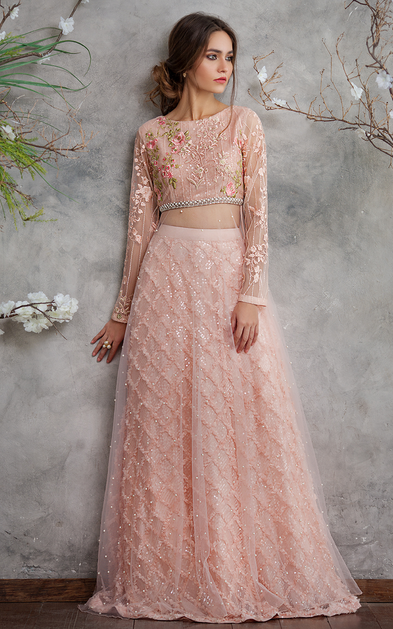 Pakistani Wedding Dresses by Threads & Motifs Features this Elegant Net Embroidered Blouse with Lehenga Skirt