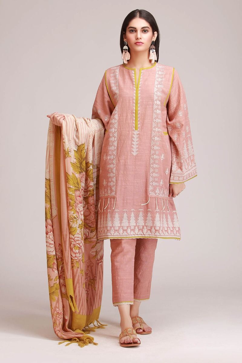 Peach Embroidered Khaadi Dress For Women with Printed Shawl