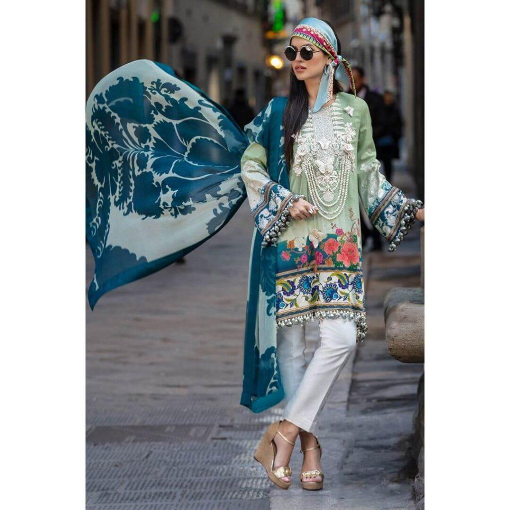 Digital Printed Lawn Suit with Embroidered Neck Pakistani Suit by Sana Safinaz Eid Collection 2019
