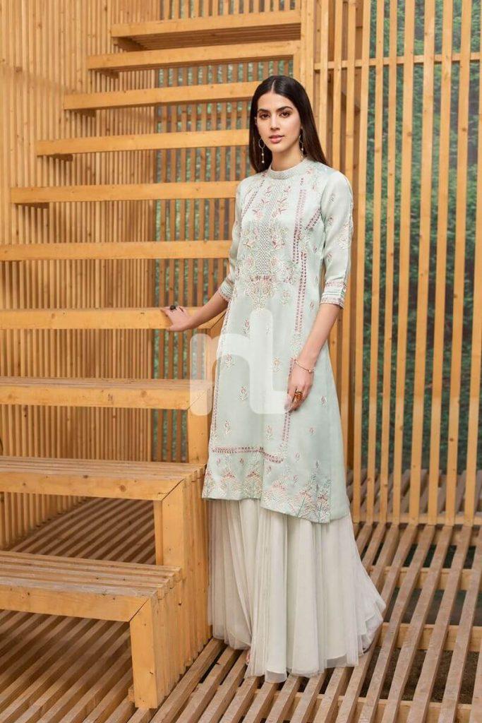 Embroidered Formal Shirt with Net Sharara
