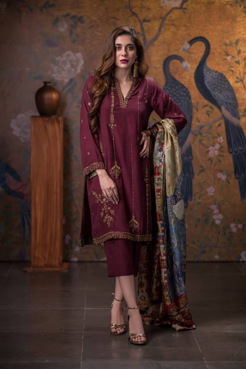 Embroidered Silk Pakistani Luxury Dress by Dhanak